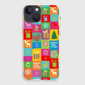 Чехол для iPhone 13 mini с принтом Новогодний коллаж в Курске,  |  | белый | боров | варежки | год | голова | горошек | дед | дерево | домашняя | елка | животное | зима | кабан | клаус | красная | мороз | новый го | ноты | олень | поросенок | пятачок | с новым годом | санта