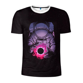 Мужская футболка 3D спортивная с принтом Карманная вселенная в Курске, 100% полиэстер с улучшенными характеристиками | приталенный силуэт, круглая горловина, широкие плечи, сужается к линии бедра | астронавт | вселенная | галактика | звезда | космонавт | космос | свет | скафандр | солнце | стекло | тени | черная дыра