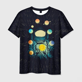 Мужская футболка 3D с принтом Космический жонглер в Курске, 100% полиэфир | прямой крой, круглый вырез горловины, длина до линии бедер | Тематика изображения на принте: астронавт | венера | вселенная | галактика | звезда | земля | космонавт | космос | марс | меркурий | планеты | сатурн | свет | скафандр | солнце | стекло | тени | уран | юпитер