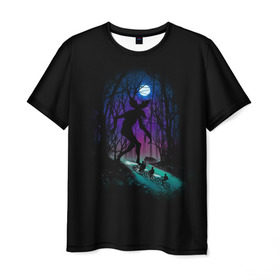 Мужская футболка 3D с принтом Очень странные дела в Курске, 100% полиэфир | прямой крой, круглый вырез горловины, длина до линии бедер | stranger things | деревья | дети | лес | луна | монстр. ночь | очень странные дела | очертания | свет | сериалы | силуэты