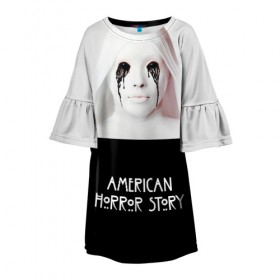 Детское платье 3D с принтом American Horror Story в Курске, 100% полиэстер | прямой силуэт, чуть расширенный к низу. Круглая горловина, на рукавах — воланы | Тематика изображения на принте: ahs | american horror story | американская история ужасов | демон | краска | лицо | макияж | монашка | черные глаза
