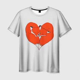 Мужская футболка 3D с принтом Fox Love в Курске, 100% полиэфир | прямой крой, круглый вырез горловины, длина до линии бедер | cute | fox | foxes | ginger | heart | love | tail | забавная | лис | лиса | лисица | лисицы | лисичка | лисички | лисы | любовь | милая | рыжая | рыжие | сердечко | смешная | фыр | хвост | хвосты