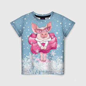 Детская футболка 3D с принтом Свинка в розовом в Курске, 100% гипоаллергенный полиэфир | прямой крой, круглый вырез горловины, длина до линии бедер, чуть спущенное плечо, ткань немного тянется | 2019 | год свиньи | милая свинка | новогодний подарок | новый год | новый год 2019 | подарок на новый год | прикольная свинка | свинка в розовом | свинья | символ 2019 года | снег | снежинки