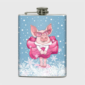 Фляга с принтом Свинка в розовом в Курске, металлический корпус | емкость 0,22 л, размер 125 х 94 мм. Виниловая наклейка запечатывается полностью | 2019 | год свиньи | милая свинка | новогодний подарок | новый год | новый год 2019 | подарок на новый год | прикольная свинка | свинка в розовом | свинья | символ 2019 года | снег | снежинки