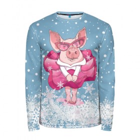 Мужской лонгслив 3D с принтом Свинка в розовом в Курске, 100% полиэстер | длинные рукава, круглый вырез горловины, полуприлегающий силуэт | 2019 | год свиньи | милая свинка | новогодний подарок | новый год | новый год 2019 | подарок на новый год | прикольная свинка | свинка в розовом | свинья | символ 2019 года | снег | снежинки