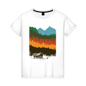 Женская футболка хлопок с принтом Дикая природа в Курске, 100% хлопок | прямой крой, круглый вырез горловины, длина до линии бедер, слегка спущенное плечо | горы | дикая природа | дом | лес | лиса | минимализм | развалины | сарай