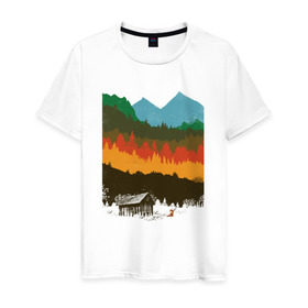 Мужская футболка хлопок с принтом Дикая природа в Курске, 100% хлопок | прямой крой, круглый вырез горловины, длина до линии бедер, слегка спущенное плечо. | горы | дикая природа | дом | лес | лиса | минимализм | развалины | сарай
