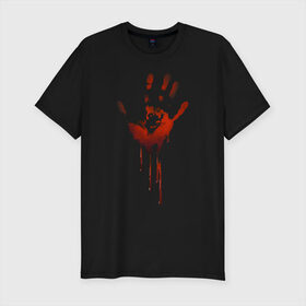 Мужская футболка хлопок Slim с принтом Отпечаток руки в Курске, 92% хлопок, 8% лайкра | приталенный силуэт, круглый вырез ворота, длина до линии бедра, короткий рукав | halloween | костюм на хэллоуин | кровавая рука | кровавый отпечаток | кровь | рисунок кровью | футболка для хэллоуина | хэллоуин