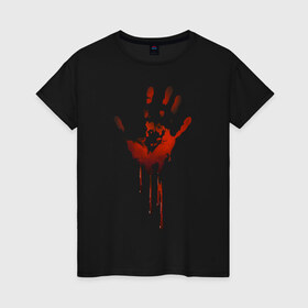 Женская футболка хлопок с принтом Отпечаток руки в Курске, 100% хлопок | прямой крой, круглый вырез горловины, длина до линии бедер, слегка спущенное плечо | halloween | костюм на хэллоуин | кровавая рука | кровавый отпечаток | кровь | рисунок кровью | футболка для хэллоуина | хэллоуин