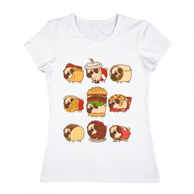 Женская футболка хлопок с принтом Мопсы в Курске, 100% хлопок | прямой крой, круглый вырез горловины, длина до линии бедер, слегка спущенное плечо | fastfood | pug | бургер | еда | кола | пицца | собака | фастфуд | хотдог | чипсы | шаурма