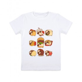 Детская футболка хлопок с принтом Мопсы в Курске, 100% хлопок | круглый вырез горловины, полуприлегающий силуэт, длина до линии бедер | fastfood | pug | бургер | еда | кола | пицца | собака | фастфуд | хотдог | чипсы | шаурма