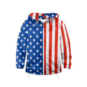 Детская ветровка 3D с принтом Американский Флаг в Курске, 100% полиэстер | подол и капюшон оформлены резинкой с фиксаторами, по бокам два кармана без застежек, один потайной карман на груди | америка | вашингтон | звезды | патриот | сша | трамп | триколор
