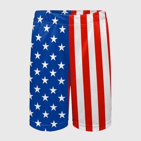 Детские спортивные шорты 3D с принтом Американский Флаг в Курске,  100% полиэстер
 | пояс оформлен широкой мягкой резинкой, ткань тянется
 | америка | вашингтон | звезды | патриот | сша | трамп | триколор