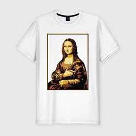 Мужская футболка хлопок Slim с принтом Fuck from Mona Lisa в Курске, 92% хлопок, 8% лайкра | приталенный силуэт, круглый вырез ворота, длина до линии бедра, короткий рукав | женщина | искусство | картина | лиза | мона | палец