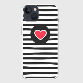 Чехол для iPhone 13 с принтом Сердце в полоску в Курске,  |  | black | lines | mochino | белый | москино | полоски | полосы | сердечко | сердце | черный