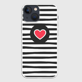 Чехол для iPhone 13 mini с принтом Сердце в полоску в Курске,  |  | Тематика изображения на принте: black | lines | mochino | белый | москино | полоски | полосы | сердечко | сердце | черный
