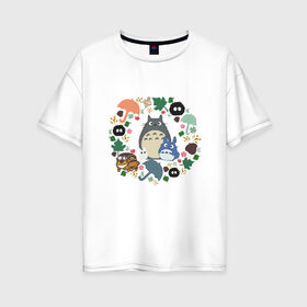 Женская футболка хлопок Oversize с принтом Totoro в Курске, 100% хлопок | свободный крой, круглый ворот, спущенный рукав, длина до линии бедер
 | forest | friend | ghibli | japan | keeper | nature | neigbor | neighbour | totoro | анимация | аниме | гибли | дерево | друг | животные | лес | любовь | милый | мир | миядзаки | мульт | мультфильм | природа | сосед | тоторо | хранитель