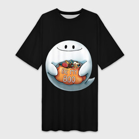 Платье-футболка 3D с принтом Be my Boo в Курске,  |  | Тематика изображения на принте: candy | deliciouse | ghost | halloween | night | pumpkin | spirit | treat | trick | вкусняшки | гадость | дух | конфеты | ночь | приведение | призрак | сладости | тыква | хеллоуин | хэллоуин