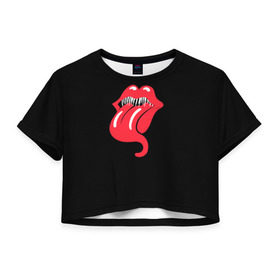 Женская футболка 3D укороченная с принтом Monsters Kiss в Курске, 100% полиэстер | круглая горловина, длина футболки до линии талии, рукава с отворотами | halloween | jagger | lips | mick | monster | rock | rolling | stones | tongue | tooth | вольные | губы | джаггер | зубы | камни | катящиеся | мик | монстер | рок | странники | хеллоуин | хэллоуин | язык
