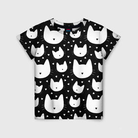 Детская футболка 3D с принтом Love Cats Pattern в Курске, 100% гипоаллергенный полиэфир | прямой крой, круглый вырез горловины, длина до линии бедер, чуть спущенное плечо, ткань немного тянется | белый | кот | котенок | котэ | котя | котята | кошка | любовь | мимими | паттерн | сердечки | сердце | силуэт | черный | я люблю кошек
