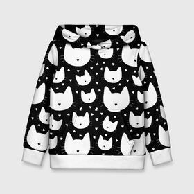 Детская толстовка 3D с принтом Love Cats Pattern в Курске, 100% полиэстер | двухслойный капюшон со шнурком для регулировки, мягкие манжеты на рукавах и по низу толстовки, спереди карман-кенгуру с мягким внутренним слоем | Тематика изображения на принте: белый | кот | котенок | котэ | котя | котята | кошка | любовь | мимими | паттерн | сердечки | сердце | силуэт | черный | я люблю кошек