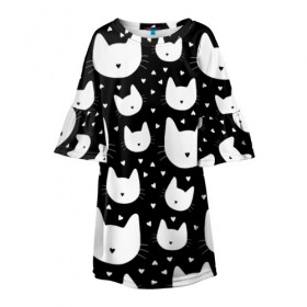 Детское платье 3D с принтом Love Cats Pattern в Курске, 100% полиэстер | прямой силуэт, чуть расширенный к низу. Круглая горловина, на рукавах — воланы | белый | кот | котенок | котэ | котя | котята | кошка | любовь | мимими | паттерн | сердечки | сердце | силуэт | черный | я люблю кошек