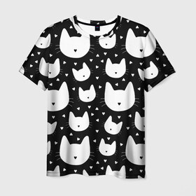 Мужская футболка 3D с принтом Love Cats Pattern в Курске, 100% полиэфир | прямой крой, круглый вырез горловины, длина до линии бедер | Тематика изображения на принте: белый | кот | котенок | котэ | котя | котята | кошка | любовь | мимими | паттерн | сердечки | сердце | силуэт | черный | я люблю кошек