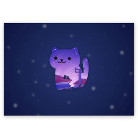 Поздравительная открытка с принтом Ночной Котик в Курске, 100% бумага | плотность бумаги 280 г/м2, матовая, на обратной стороне линовка и место для марки
 | cat | cats | kitten | kitty | night | pussy | sky | space | star | stars | звезда | звезды | космос | кот | котенок | котик | котики | коты | котята | кошка | кошки | небо | ночное | ночь
