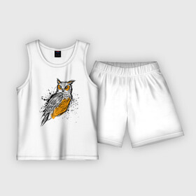 Детская пижама с шортами хлопок с принтом Эскиз филина в Курске,  |  | карандаш | набросок | птица | рисунок | сова | филин | хищник | эскиз
