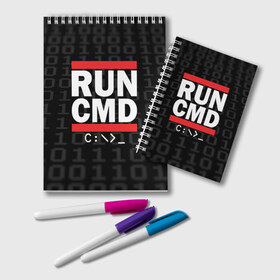 Блокнот с принтом RUN CMD в Курске, 100% бумага | 48 листов, плотность листов — 60 г/м2, плотность картонной обложки — 250 г/м2. Листы скреплены удобной пружинной спиралью. Цвет линий — светло-серый
 | Тематика изображения на принте: admin | administrator | calm | cmd | code | coder | coding | dmc | engineer | job | keep | programmer | run | администратор | айти | инженер | код | кодинг | программа | программист | профессия | сисадмин