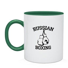 Кружка двухцветная с принтом RUSSIAN BOXING в Курске, керамика | объем — 330 мл, диаметр — 80 мм. Цветная ручка и кайма сверху, в некоторых цветах — вся внутренняя часть | 