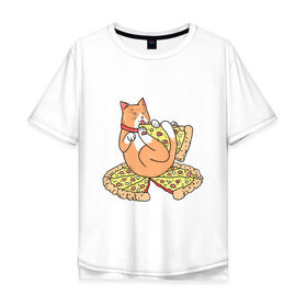 Мужская футболка хлопок Oversize с принтом Пицца Кот в Курске, 100% хлопок | свободный крой, круглый ворот, “спинка” длиннее передней части | 