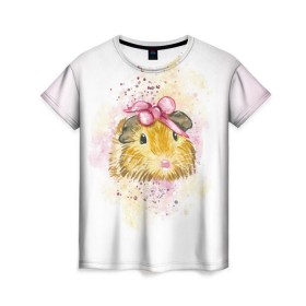 Женская футболка 3D с принтом Морская свинка акварелью в Курске, 100% полиэфир ( синтетическое хлопкоподобное полотно) | прямой крой, круглый вырез горловины, длина до линии бедер | акварель | грызун | милота | морская | свинка | хомяк