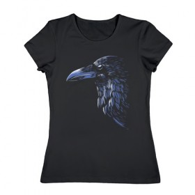 Женская футболка хлопок с принтом Ночной ворон в Курске, 100% хлопок | прямой крой, круглый вырез горловины, длина до линии бедер, слегка спущенное плечо | ворон | глаз | клюв | минимализм | ночь | перья | птица | рисунок | тень | хищник