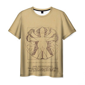 Мужская футболка 3D с принтом Гомер Да Винчи в Курске, 100% полиэфир | прямой крой, круглый вырез горловины, длина до линии бедер | homer | jay | simpson | бублик | витрувианский | джей | плюшка | пончик | пульт | симпсон | хот дог | человек
