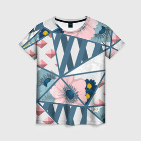 Женская футболка 3D с принтом Геометрия цветов в Курске, 100% полиэфир ( синтетическое хлопкоподобное полотно) | прямой крой, круглый вырез горловины, длина до линии бедер | геометрия | полосы | роза | розовый | синий | цветы