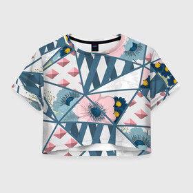 Женская футболка Cropp-top с принтом Геометрия цветов в Курске, 100% полиэстер | круглая горловина, длина футболки до линии талии, рукава с отворотами | геометрия | полосы | роза | розовый | синий | цветы