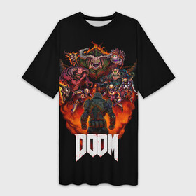 Платье-футболка 3D с принтом DooM в Курске,  |  | doom | doom 3 | doom slayer | doomguy | hell walker | unchained predator | ад | боец | демоны | дум | космос | марс | мясо | палач рока | пехотинец | солдат рока