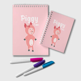 Блокнот с принтом Piggy Time в Курске, 100% бумага | 48 листов, плотность листов — 60 г/м2, плотность картонной обложки — 250 г/м2. Листы скреплены удобной пружинной спиралью. Цвет линий — светло-серый
 | Тематика изображения на принте: 2019 | merry christmas | new year | год свиньи | зима | новый год | поросенок | праздник | рождество | свинка | свинья