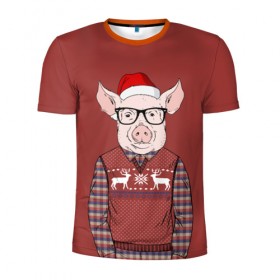 Мужская футболка 3D спортивная с принтом New Year Pig в Курске, 100% полиэстер с улучшенными характеристиками | приталенный силуэт, круглая горловина, широкие плечи, сужается к линии бедра | 2019 | merry christmas | new year | год свиньи | зима | новый год | поросенок | праздник | рождество | свинка | свинья