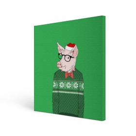 Холст квадратный с принтом New Year Hipster Pig в Курске, 100% ПВХ |  | 2019 | merry christmas | new year | год свиньи | зима | новый год | поросенок | праздник | рождество | свинка | свинья