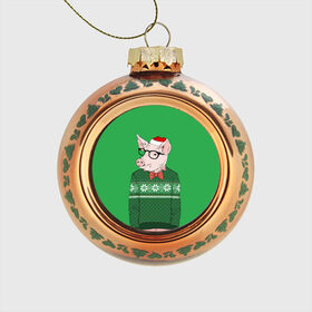 Стеклянный ёлочный шар с принтом New Year Hipster Pig в Курске, Стекло | Диаметр: 80 мм | 2019 | merry christmas | new year | год свиньи | зима | новый год | поросенок | праздник | рождество | свинка | свинья