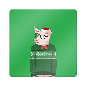Магнит виниловый Квадрат с принтом New Year Hipster Pig в Курске, полимерный материал с магнитным слоем | размер 9*9 см, закругленные углы | Тематика изображения на принте: 2019 | merry christmas | new year | год свиньи | зима | новый год | поросенок | праздник | рождество | свинка | свинья