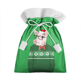 Подарочный 3D мешок с принтом New Year Hipster Pig в Курске, 100% полиэстер | Размер: 29*39 см | 2019 | merry christmas | new year | год свиньи | зима | новый год | поросенок | праздник | рождество | свинка | свинья