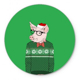 Коврик круглый с принтом New Year Hipster Pig в Курске, резина и полиэстер | круглая форма, изображение наносится на всю лицевую часть | 2019 | merry christmas | new year | год свиньи | зима | новый год | поросенок | праздник | рождество | свинка | свинья