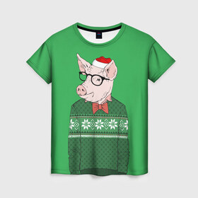 Женская футболка 3D с принтом New Year Hipster Pig в Курске, 100% полиэфир ( синтетическое хлопкоподобное полотно) | прямой крой, круглый вырез горловины, длина до линии бедер | 2019 | merry christmas | new year | год свиньи | зима | новый год | поросенок | праздник | рождество | свинка | свинья