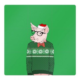 Магнитный плакат 3Х3 с принтом New Year Hipster Pig в Курске, Полимерный материал с магнитным слоем | 9 деталей размером 9*9 см | Тематика изображения на принте: 2019 | merry christmas | new year | год свиньи | зима | новый год | поросенок | праздник | рождество | свинка | свинья