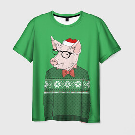 Мужская футболка 3D с принтом New Year Hipster Pig в Курске, 100% полиэфир | прямой крой, круглый вырез горловины, длина до линии бедер | 2019 | merry christmas | new year | год свиньи | зима | новый год | поросенок | праздник | рождество | свинка | свинья