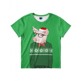 Детская футболка 3D с принтом New Year Hipster Pig в Курске, 100% гипоаллергенный полиэфир | прямой крой, круглый вырез горловины, длина до линии бедер, чуть спущенное плечо, ткань немного тянется | 2019 | merry christmas | new year | год свиньи | зима | новый год | поросенок | праздник | рождество | свинка | свинья