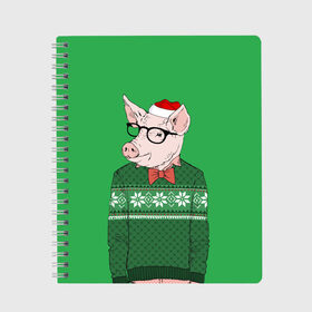 Тетрадь с принтом New Year Hipster Pig в Курске, 100% бумага | 48 листов, плотность листов — 60 г/м2, плотность картонной обложки — 250 г/м2. Листы скреплены сбоку удобной пружинной спиралью. Уголки страниц и обложки скругленные. Цвет линий — светло-серый
 | 2019 | merry christmas | new year | год свиньи | зима | новый год | поросенок | праздник | рождество | свинка | свинья
